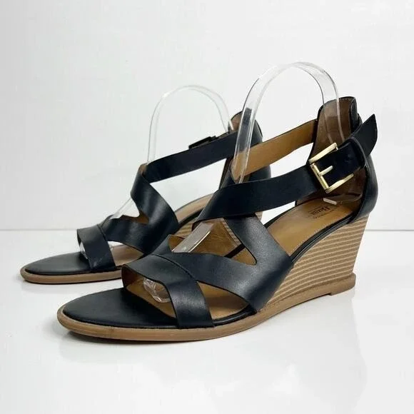 GH Bass & Co Womens 10 Black Leather Crisscross Strap Wedge Heel Renae Sandals - Picture 4 of 12